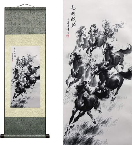 AtfArt Silk Scroll Painting, Asian Wall Decor, Eight Horses, 36.2x12in | Symbol of Instant Success, Chinese Horse Art Scroll for Living Room, Bedroom, Office Decor