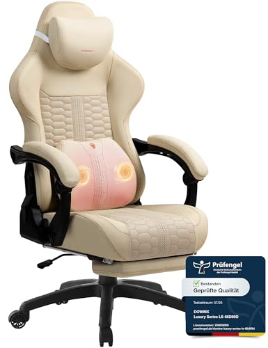 Dowinx Big and Tall Chaise de gaming ergonomique en cuir synthétique avec support lombaire et repose-pieds Blanc 180 kg