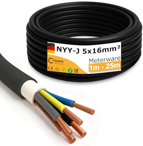 NYY-J 5x16mm² Erdkabel | 1–25m Meterware | 5-adriges Starkstromkabel aus Kupfer | Außenkabel für Drehstrom, Wallbox & Elektroinstallation | Made in Germany | Länge (6m)