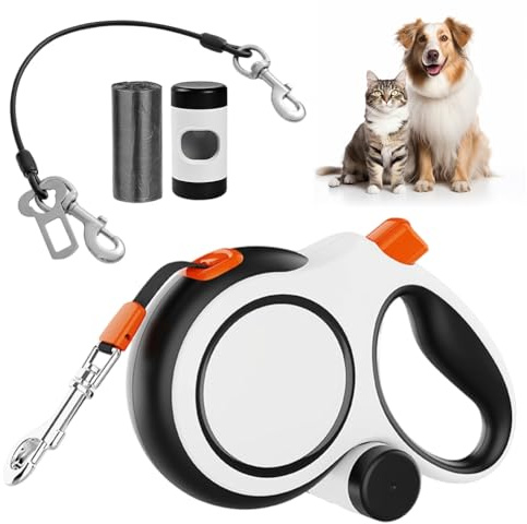 Hundeleine 8m, Einziehbare Hundeleine, Rollleine für Hunde, Rollleine mit Kotbeutelhalter, mit Bissfesten Stahlseil, Anti-Rutsch-Griff & Schnellbremsknopf, für Training, für Hunde bis 50 kg (Weiß)