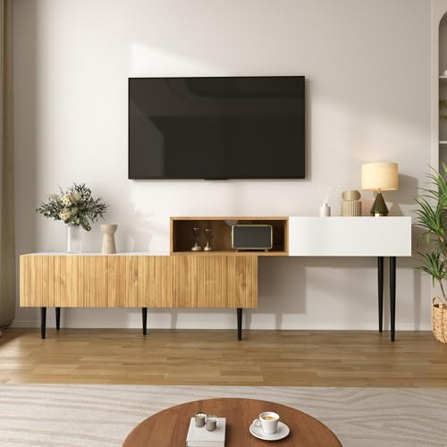 Merax TV Stand, Wood Look + Matte White, Black Metal Legs | Adjustable Length, Modular 2-Part Design, Multifunctional Living Room Furniture