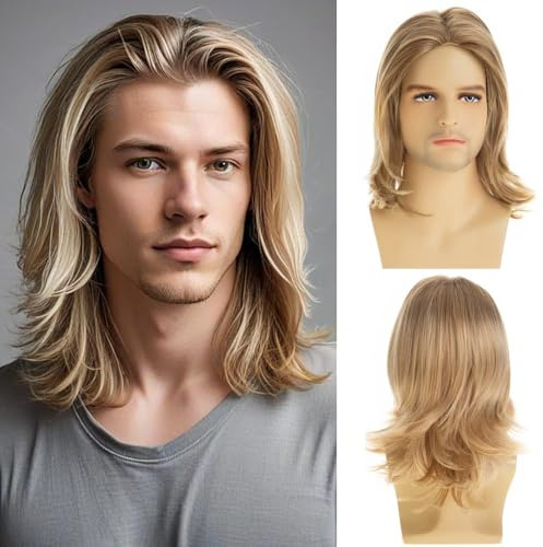 Qnbiar Herren Blonde Perücke Kurz Gestuft Natürlich Synthetik Halloween Cosplay Kostüm Party Volle Perücken mit Perückenkappe