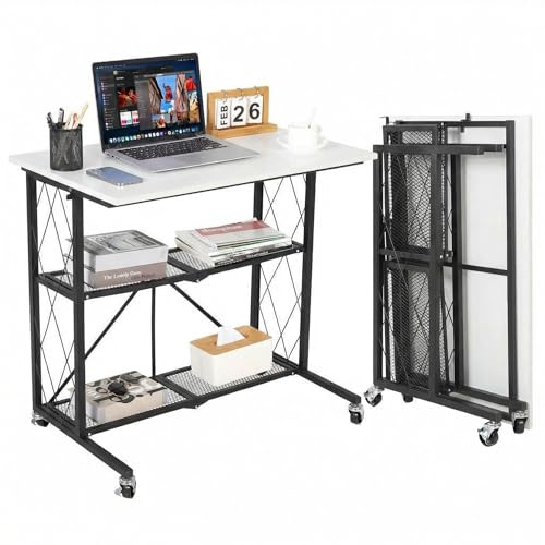 Garvee Bureau d’Ordinateur Pliable 3 Niveaux à roulettes – sans Montage – Étagère métal spacieuse – Compact, Mobile, Gain de Place – Finition Blanc