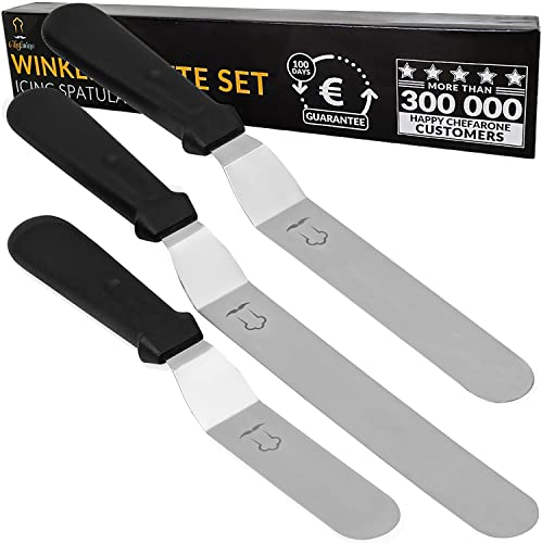 Chefarone Spatules Coudées à Pâtisserie - Acier Inoxydable - Couteaux Lisses pour Glaçage et Nappage, Lot de 3 - Noir