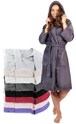 Twinzen Bademantel Damen - 100% Baumwolle (350g/m²) OEKO-TEX® Zertifiziert - Morgenmantel Damen mit Kapuze, 2 Taschen, Gürtel - DarkGrau - XS