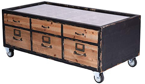 Couchtisch „Fabrik LOFT“ – Industrial Tisch | Glasplatte mit Setzkasten | Holz & Metall | 6 Schubladen | Vintage Tisch auf Rollen lof027 Palazzo Exklusiv