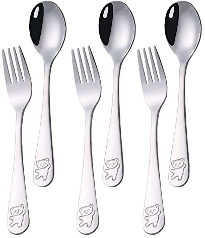 6 Stück Kinder Besteck Set 18/10 Edelstahl,3 Stück Suppenlöffel+3 Stück Dessertgabeln,Gabeln Löffel Set,Baby Löffel Gabel,Bärenmuster,16.5cm