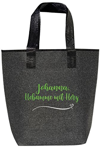 AMBERGER DESIGN by A&M Osterhage amd Hebamme-Geschenk Tasche Filz-Shopper bestickt – Name & Wunschtext | Personalisierbar | Schlüsselfach Reißverschluss | trendiges Design Größe 44x26cm