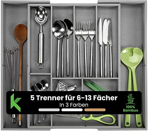 Besteckkasten für Schubladen aus hochwertigem Bambus - Besteckeinsatz mit 5 herausnehmbaren Teilern [6 bis 13 Fächer] - Schubladeneinsatz mit Anti-Rutsch Noppen und Länge von 34 bis 50 cm (Grau)