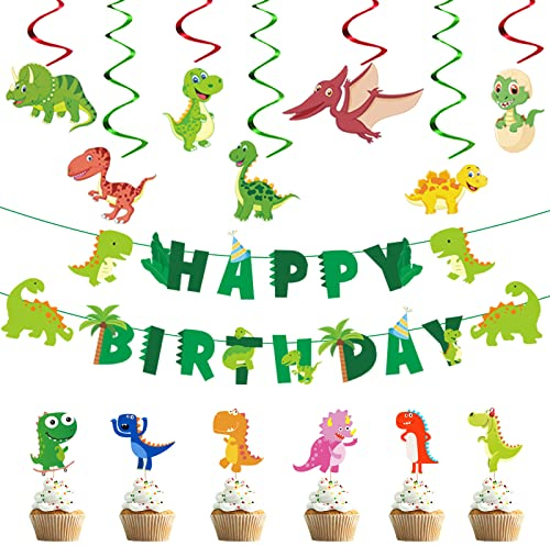 YOUYIKE Dinosaurier Deko Geburtstag Set 32 Stück,Dinosaurier Geburtstagsbanner, Dinosaurier Wirbel Deko,Dinosaurier Geburtstag Kuchen Deko für Jungenkindergeburtstagsparty, Babyparty