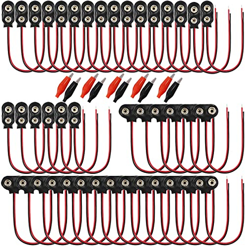 GTIWUNG Pack of 40 9V Battery Snap Connectors, 9V Battery Clip Connector with 15 cm Connection Cable, Battery Terminal Connection Buckle, Type I & Type T + 10 Pieces Crocodile Clips