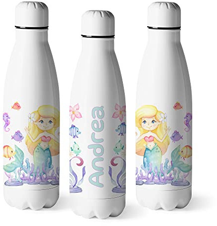 Zumo Digital Botella de Agua Personalizada Diseño de Sirena, Personaliza tu Nombre, Botella para Niñas, Libre BPA, Acero Inoxidable de 500ml (Sirena 2)