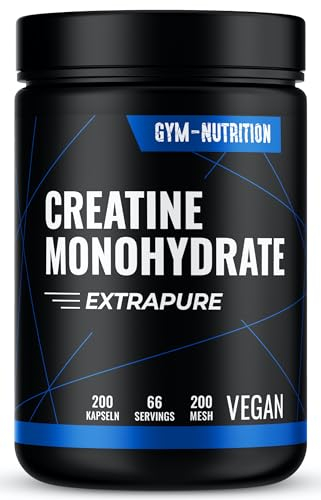 CREATIN Monohydrat Kapseln 3000mg Caps - 200 Creatine hochdosiert, Pures Kreatin Monohydrat - Mesh 200- Vegan, Abgefüllt in Deutschland Trainings & Fitness Ergänzungsmittel 66 Portionen