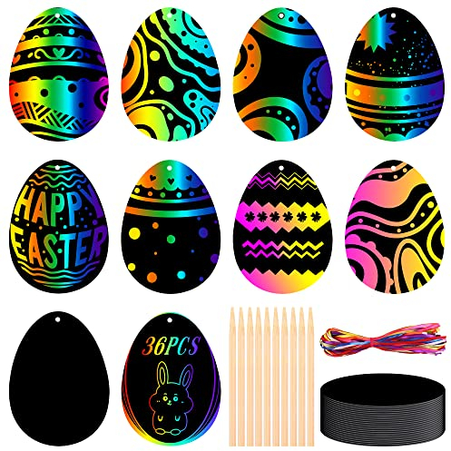 AWCIGG 36 Stück Ostern Kratzbilder Ostereier Basteln Kratzbilder für Kinder Osterbastelset Kratzeier mit 36 Stück Holzstäbchen und 10 Stück Bunte Bänder für Ostern Party Dekoration Geschenk