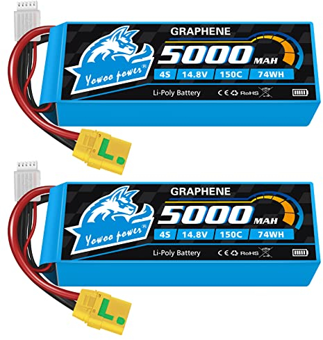 Yowoo 4S Lipo Akku 5000mAh 14.8V 4S1P 150C Graphene Batterie mit XT90-S Anti-Funken Stecker for für RC Auto LKW Evader BX Auto LKW Truggy Buggy (2 Stück)