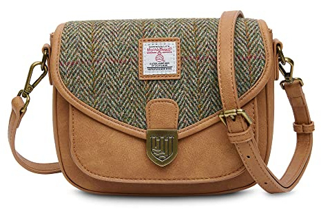 Islander Die Mini-Satteltasche mit Schultergurt aus PU-Leder und Harris Tweed