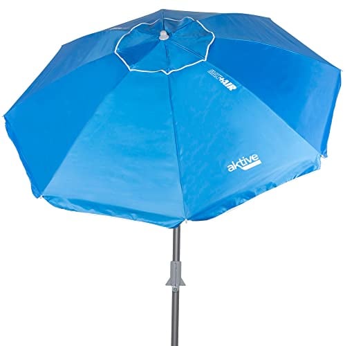 AKTIVE 62274, Sombrilla playa anti viento plegable e inclinable Azul Ø220 cm, con protección UV 50, paravientos playa, sombrilla parasol grande, parasol playa, sombrillas para playa
