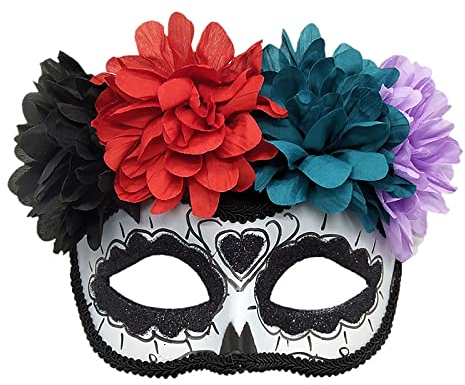 NICEYEA Mexikanische Totenmaske Tag der Toten Maske Augenmaske mit Blume La Catrina Halbmaske Halloween Totenkopfmaske Mexikanische Maske Kostüm Halloween Kostüm Accessoire