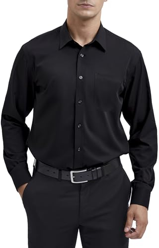 HISDERN Men's Black Dress Shirt Long Sleeve Regular Fit Business Bamboo Fiber Shirt Casual Wrinkle-Free Shirt with Pocket,2XL