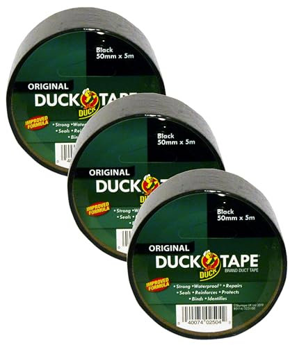 Duck Tape Original Black, Improved Formula High Strength Waterproof Gaffer and Duct Adhesive Cloth Repair Tape 50mm x 5m (Pack of 3)