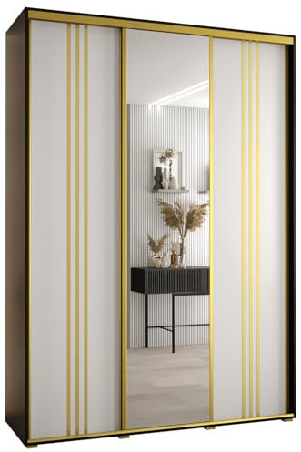MEBLE KRYSPOL Davos 7 170 Schlafzimmerschrank mit DREI Schiebetüren - Moderner Aufbewahrungsschrank mit Spiegel, Kleiderstange und Regalen - 235,2x170x45 cm - Schwarz Weiß Gold