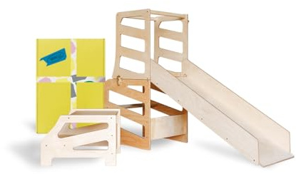 Weco Montessori Kinder Lernturm 3 in 1 Streifen Design mit Rutsche und Tritthocker FSC Zertifikat Schreibtisch Montessori Möbel Küchenhelfer klappbar Stylisch Lernturm (Klarlack)