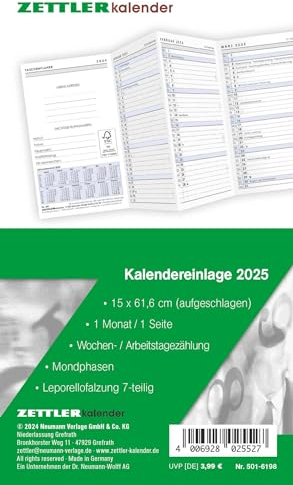 Zettler - Kalender-Ersatzeinlage 2025, 8,8x15,2cm, Ersatzeinlage für Taschenplaner Typ 501, in Folienverpackung, 1 Monat auf 1 Seite, Tages,- Wochen- und Arbeitstagezählung und deutsches Kalendarium