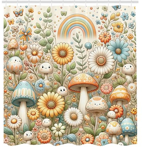ABAKUHAUS Psychedelisch Duschvorhang, Pastell Mushroom Garten weiche psychedelische Blumenwiese Hippie Kunstwerk, Stoffliches Gewebe Badezimmerdekorationsset mit Haken, 175 x 200 cm, Orange Blau Grün