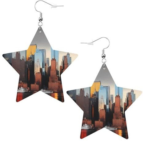 New York Gemälde, Drucke, Stern-Ohrringe, Anhänger, 2 Stück, stilvoll und schön, leicht, baumelnd für Damen und Mädchen, Einheitsgröße, Leder
