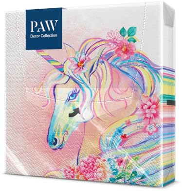 PAW - Serviette Papier 3 Plis (33 x 33 cm) I Lot de 20 I Parfait pour les Fêtes, les Anniversaires, les Célébrations I Décoration de Table Idéale Fête d'anniversaire - Tête de Fleur de Licorne