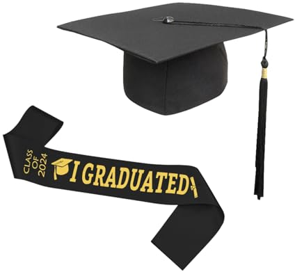 Blisscok Doktorhut Bachelor Hut, 3 Stück Abschluss Hut Schwarz mit Graduation Hat Quasten Anhänger Schärpe mit Wunschdruck für Abitur Bachelor Geschenk Abitur 2024 Geschenke (Schwarz/Schwarz)