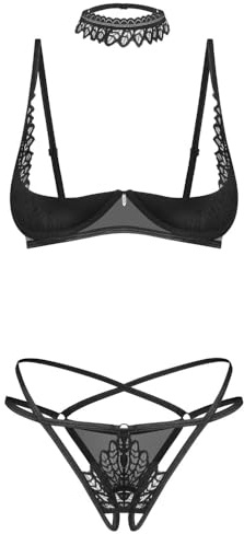 Underklädesset av BH, Ouvert string och halsband med stickning från Donarella, svart, XL-XXL