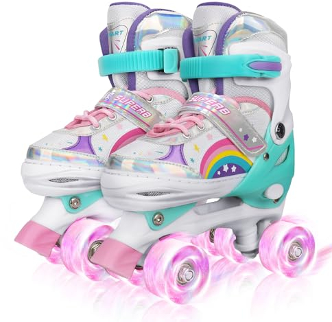 Rainbow Patins à roulettes pour Filles Enfants avec Roues Lumineux, Réglables Rollers Skates Quad pour Filles Garçon Débutants Cadeau de Noël d'anniversaire (L (EU 36~39))