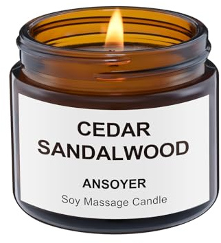 ANSOYER Massagekerze - Basis Soja + Hanfsamenöl - Massageöl Kerze - Home SPA Kerze zur Entspannung - 50g (Zedernholz Sandelholz)