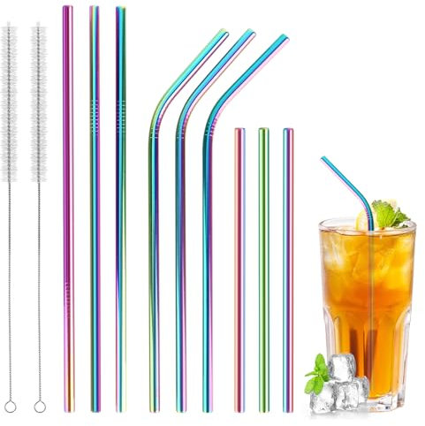 RUCUDIM 12 Pièces Pailles en Acier Inoxydable, Pailles Réutilisables en Inox Sac de Rangement, Pailles en Métal Colorées avec Brosses de Nettoyage, Pailles pour les Cocktails, le Thé au Lait et Plus