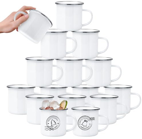 YOUKE OLA Paquete de 16 tazas esmaltadas de sublimación para acampar al aire libre, café, viajes, taza de metal con borde plateado para transferencia de calor, regalo de bricolaje, color blanco, 12