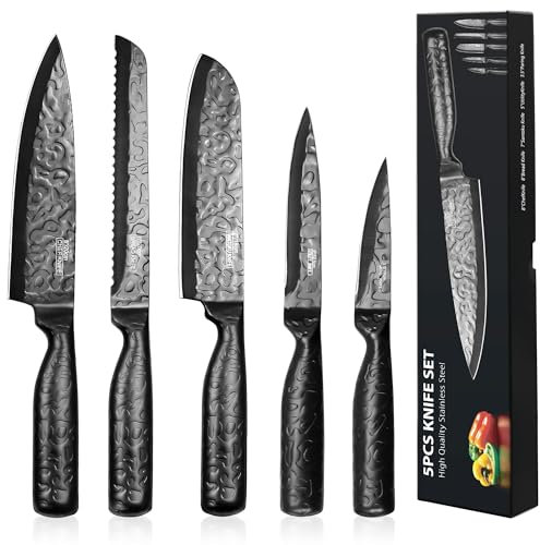 HUIKAILI 5-Pieces Knife Sets with Gift Box, Kitchen Professional Chef Knives Set High Carbon Stainless Steel Ultra-Sharp Blade, Knife Sets with Unique Non-Stick Hammered Blades