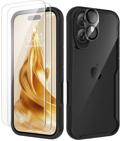 ORETECH Coque pour iPhone 16 avec 2 Verre Trempé Protection écran et 1 Caméra Protecteur, Dos PC Rigide Souple Silicone Bumper Antichoc Protection Housse pour iPhone 16 Case 6.1(Noir)