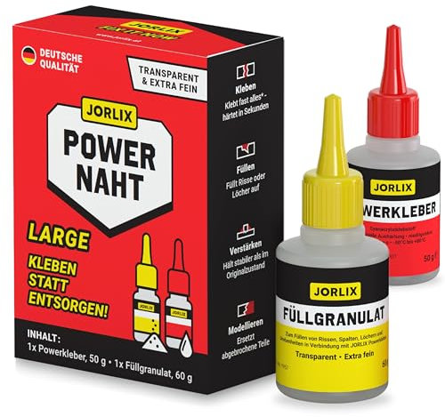 JORLIX POWERNAHT – 2K Schweissnaht Kleber Set | Large 115g | Sekundenkleber extra stark + Füllgranulat | Kunststoff, Metall, Holz, GFK & PVC uvm. | Deutsche Qualität – wasserfest & hitzebeständig