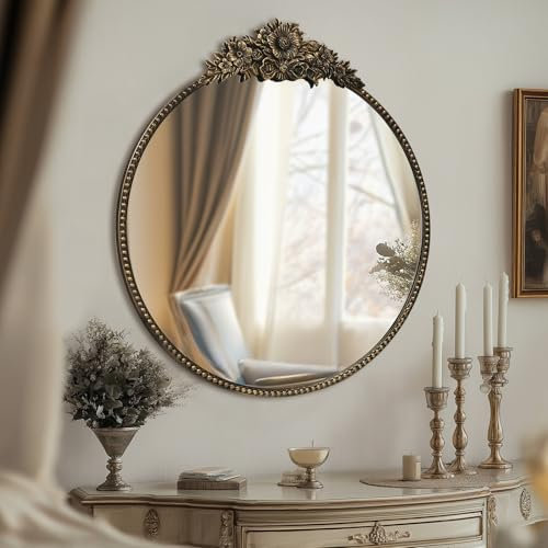 G-LEAF 60X60CM Retro-Schwarz Runder Barock Spiegel, 24 inch Antik HD Runder Wandspiegel mit Metallrahmen für Badezimmer, Waschtisch, Wohnzimmer, Schlafzimmer, Eingang Wanddekoration Heimdekoration