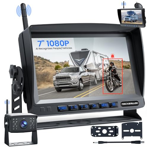 TECXERLLON 7'' Rückfahrkamera kabellos Auto, AI-Erkennung, Rückfahrkamera starker Übertragung, Unterstützung für 4 Kanäle, wasserdicht nach IP68, Nachtsichtfunktion