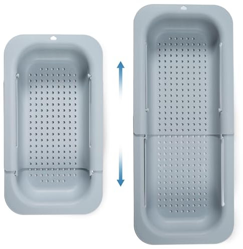 Spülbecken Sieb, Sieb über der Spüle, ausziehbar, zum Waschen von Gemüse und Obst, Abtropfen Lassen von Gekochten Nudeln und Lebensmittel auftauen, 34,5 x 6,5 x 20 cm, Grau