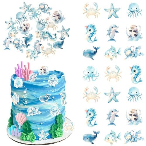 Xsstarmi 60 Pack Under the Sea Cupcake Toppers Rice Paper Underwater World Dolphins Jellyfish Cupcake Picks Decoration for Ocean Sea Animal Theme Baby Shower Birthday Party Cake Decorations