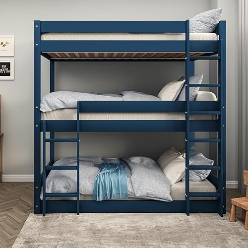 Triple Bed Bunk Beds, 3ft Triple Bunk Loft Bed, Sleeper Bunk Bed for Kids, Solid Pine Wooden Bed Frame for Kids Children Adults (Blue, L197 x W96 x H198cm)