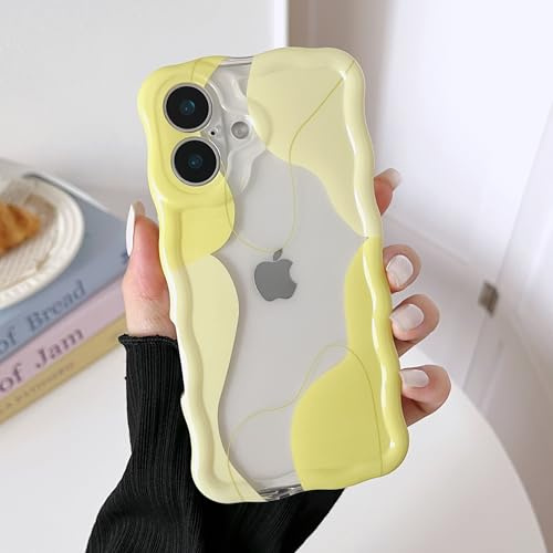 DEFBSC for iPhone 16 Plus Case Cute Clear Wavy Curly Design,Yellow | Wave Frame Colour Mix Aesthetic Pattern Durable Stylish Shockproof Soft Phone Cover for Women Girls Full Camera Protection