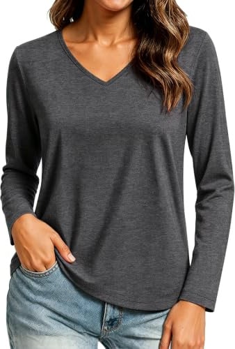 Wayleb Long Sleeve Tops Women V Neck Basic Soft Fit Everyday Shirt | Soft Breathable Fabric, V Neck Shape, Regular Fit, Lightweight Layering, Casual Work Home Wear, UK S to 3XL