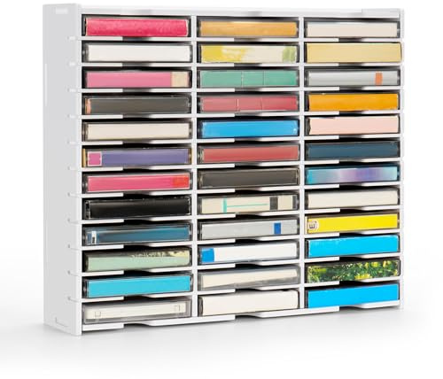 SANFURNEY 36 Slots Cassette Tape Storage Rack Desktop Audio Tape Organizer, Wall-Mounted Audio Cassette Holder -White