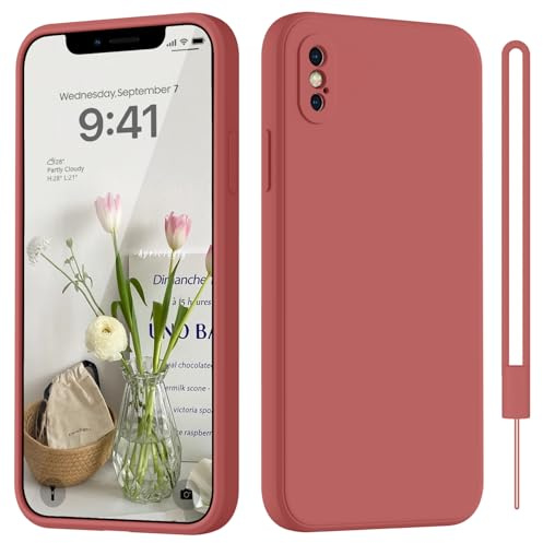 HGH für iPhone X/XS Hülle Silikon mit Lanyard, Rot | Handyhülle für iPhone X/XS Dünn Rundumschutz mit Microfiber-Innenfutter Kratzfest Schutzhülle 5.8
