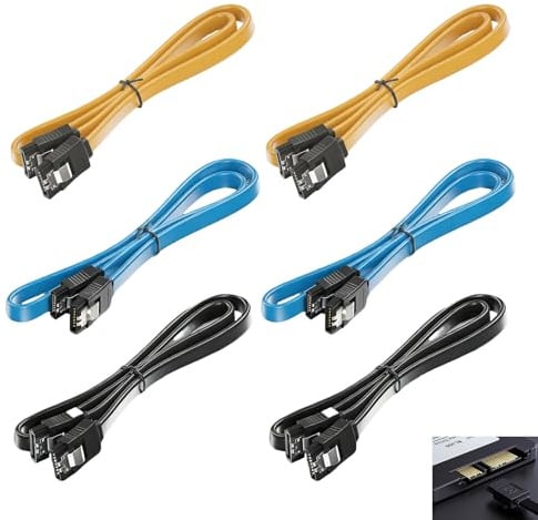 6 st SATA III-kabel, 6 Gbit/s, datakabel raka kontakter med metallklämma för SSD och optiska enheter, seriell sladd för PC-montering och uppgradering, (svart, blå, gul)