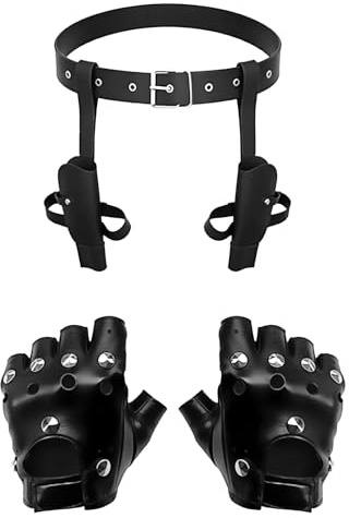BORFUE 2Pcs Halloween Thigh Holsters Costume,Drop Leg Holster and Gloves for Police Cowboy Hero Cosplay Accessories Punk Costume